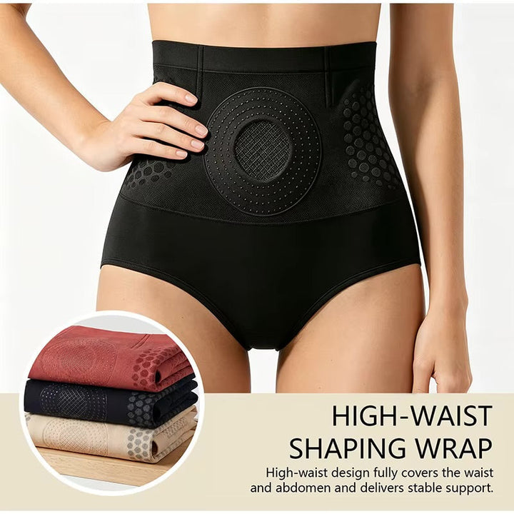Black shaping briefs with a dotted circular panel and folded pairs in an inset.