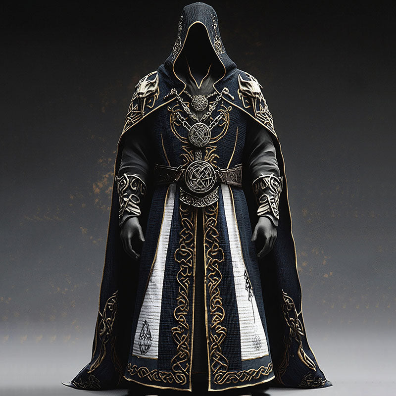 Front view of a black hooded robe with gold Celtic knotwork trim, chain medallions, and a wide belt.