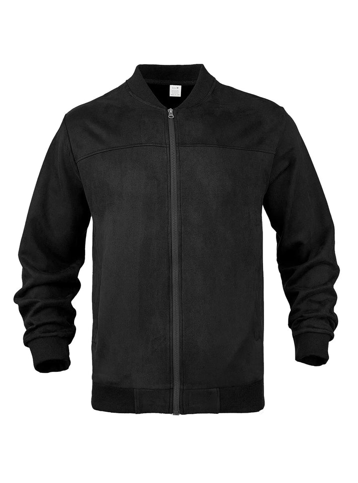 Black suede-look zip-up bomber jacket laid flat, front view with ribbed collar, cuffs and hem 21