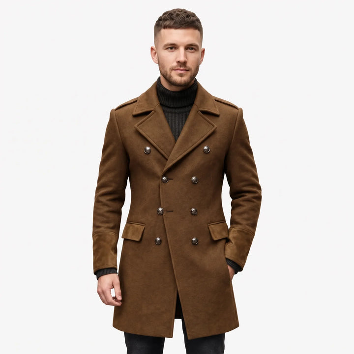 Man wearing the overcoat in brown with suede cuffs and flaps over a dark turtleneck 21