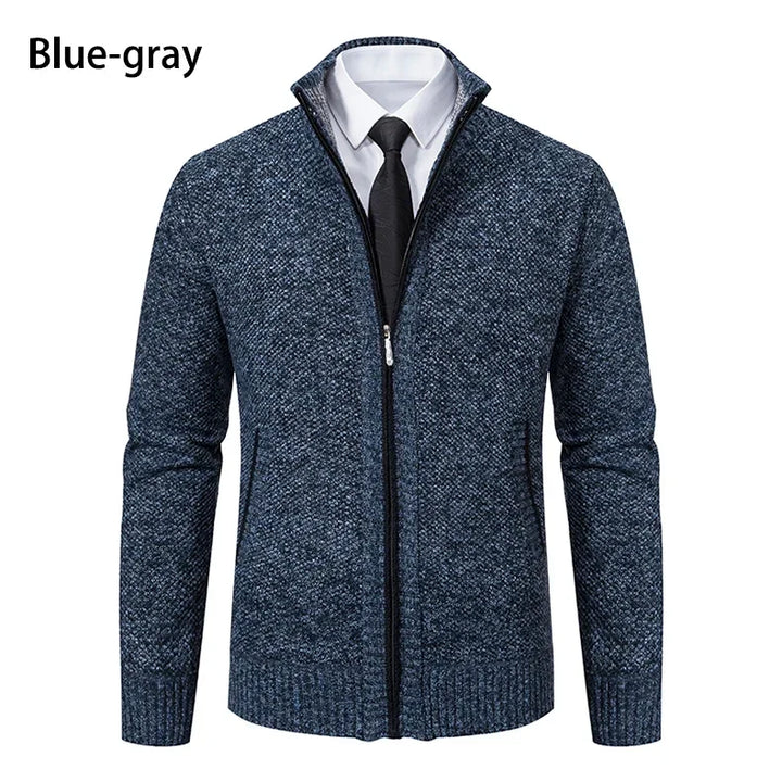 Blue-gray knit zip cardigan with stand collar, shown on a white shirt and black tie 21