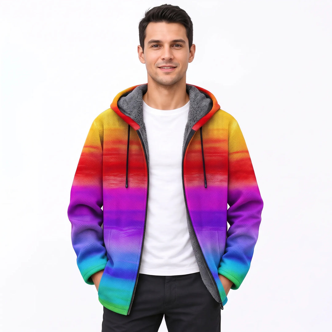 Smiling man wearing the open hooded jacket in a rainbow horizontal stripe print with gray fleece lining 21
