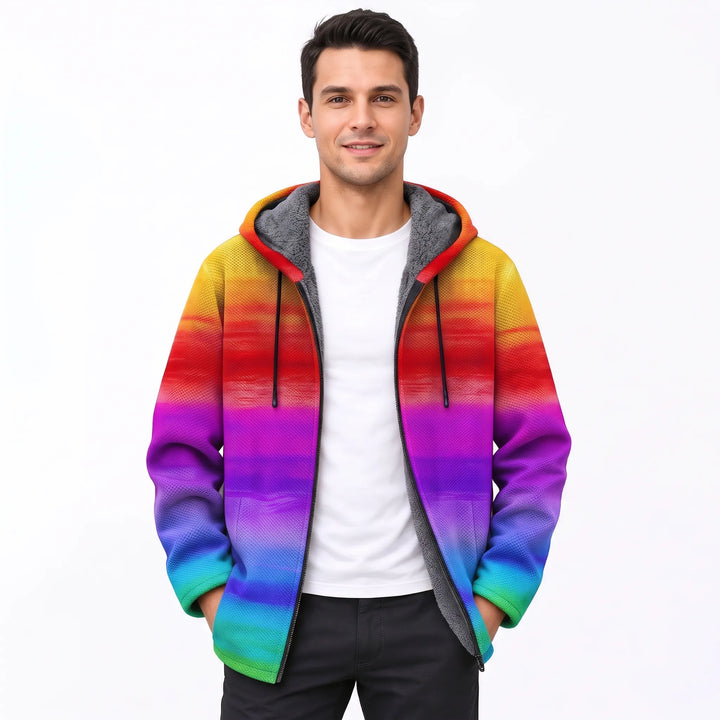 Smiling man wearing the open hooded jacket in a rainbow horizontal stripe print with gray fleece lining 21