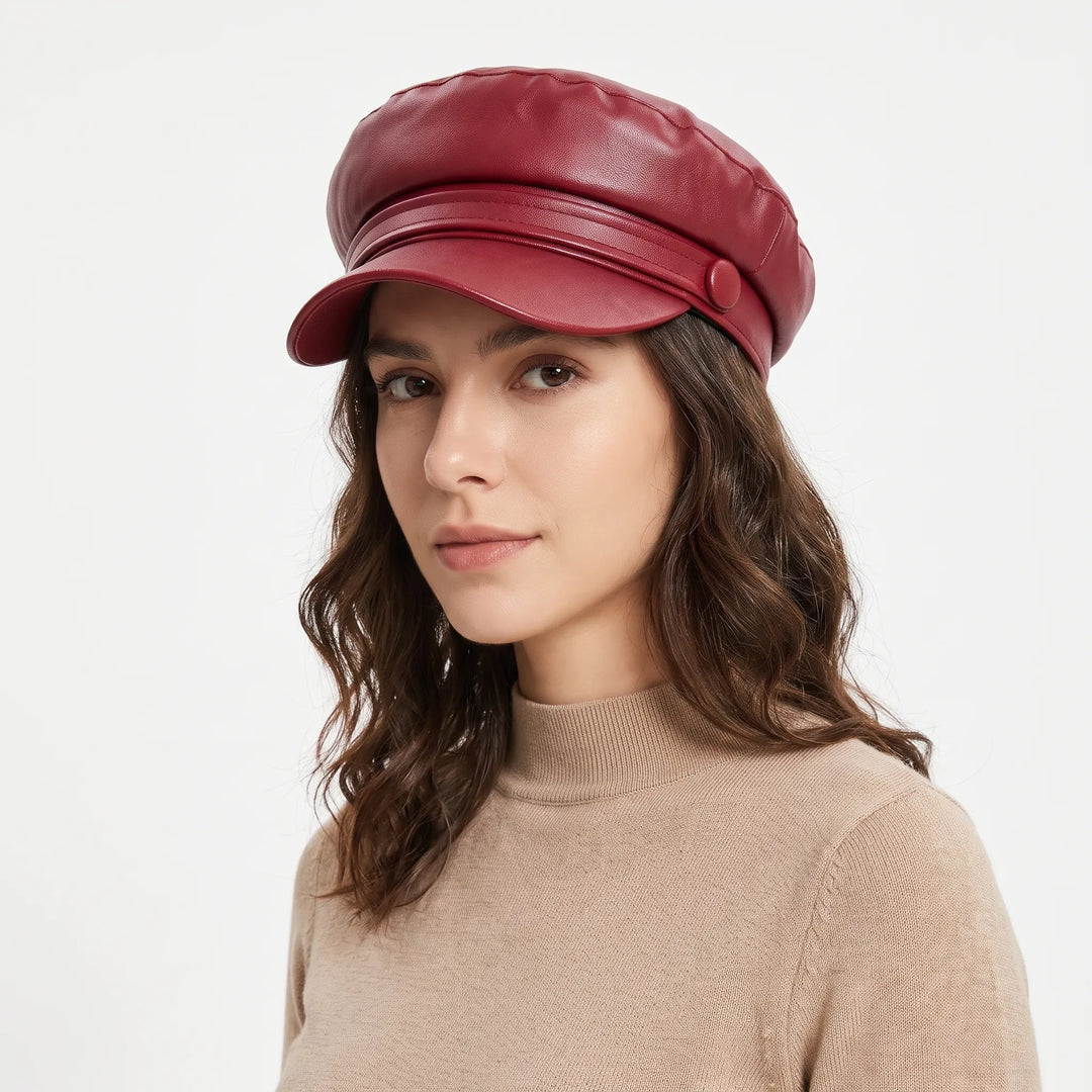 Woman wearing a burgundy red faux leather baker boy cap with a side button, over a beige turtleneck 21