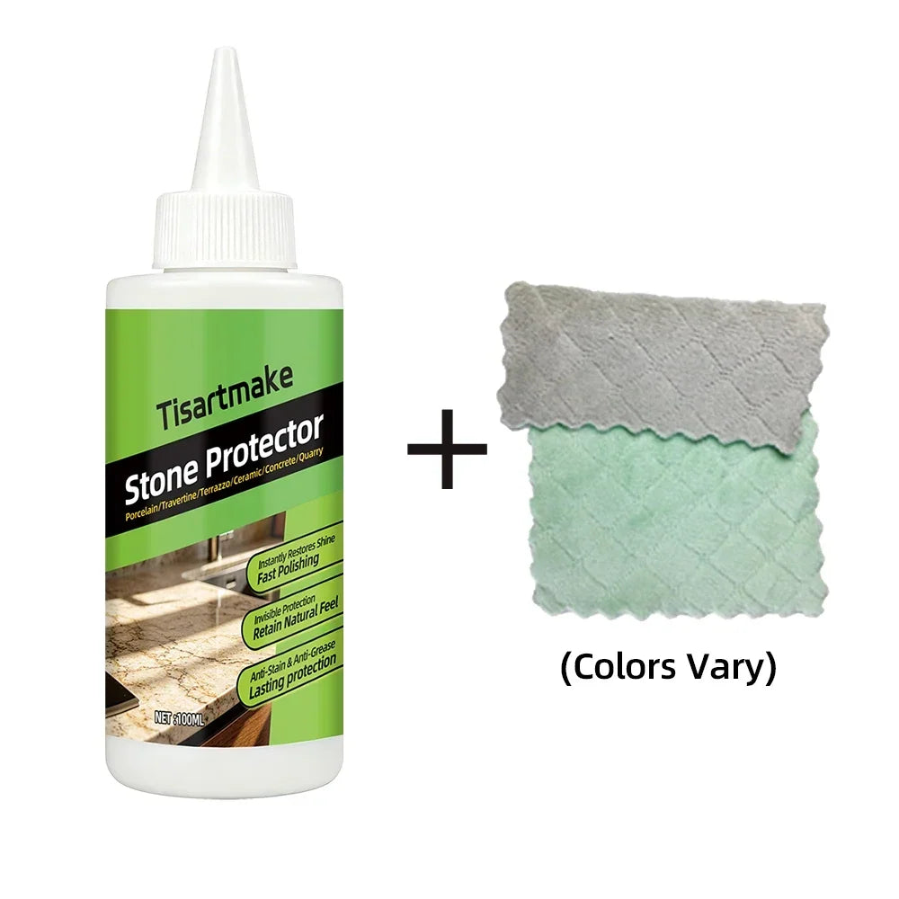 Single white bottle of stone surface coating liquid with a pointed nozzle, plus two microfiber cloths, one gray, one green 21