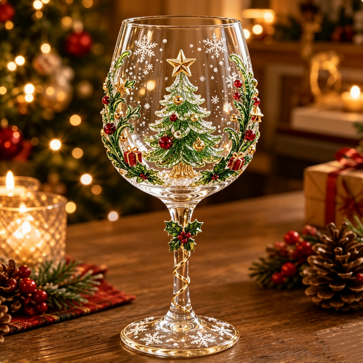 Wine glass with a 3D decorated Christmas tree topped by a gold star, framed by holly and ornaments, with a holly stem charm. 4