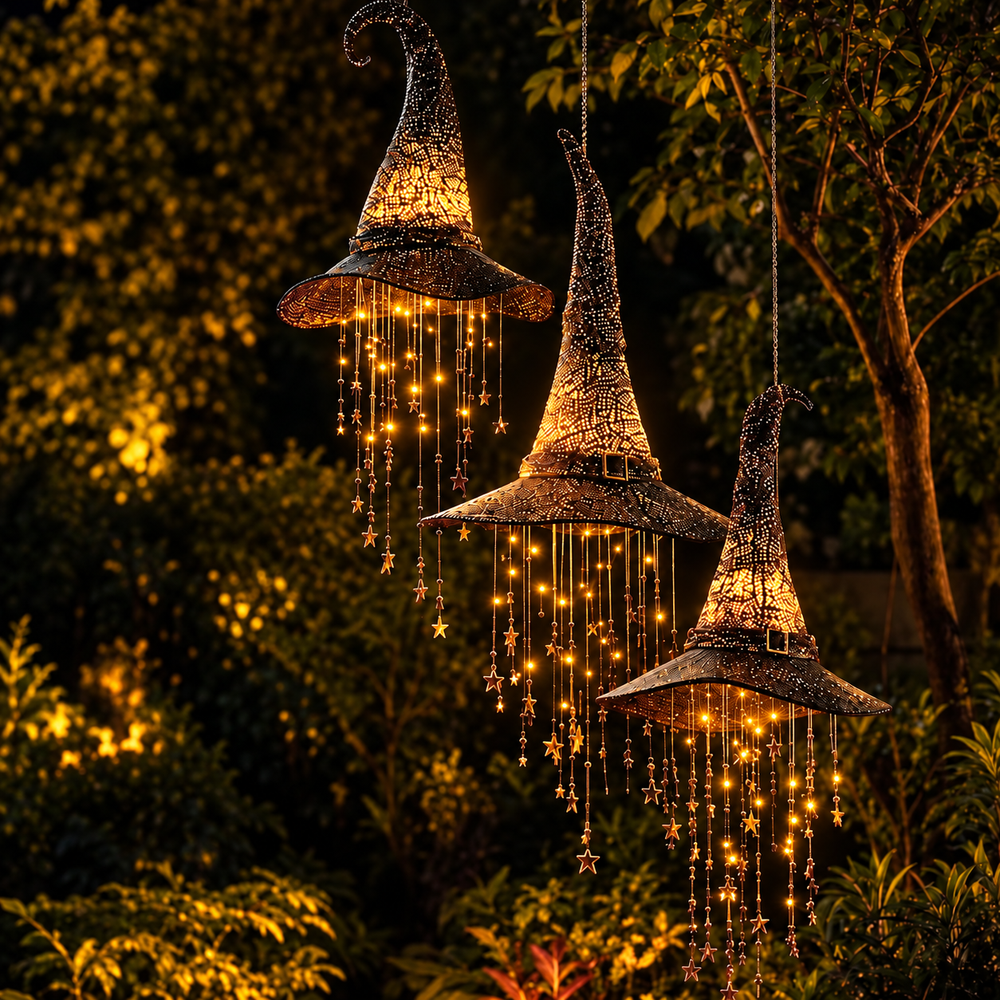 Three lit witch hats with star strands hang among dark garden foliage at night 2