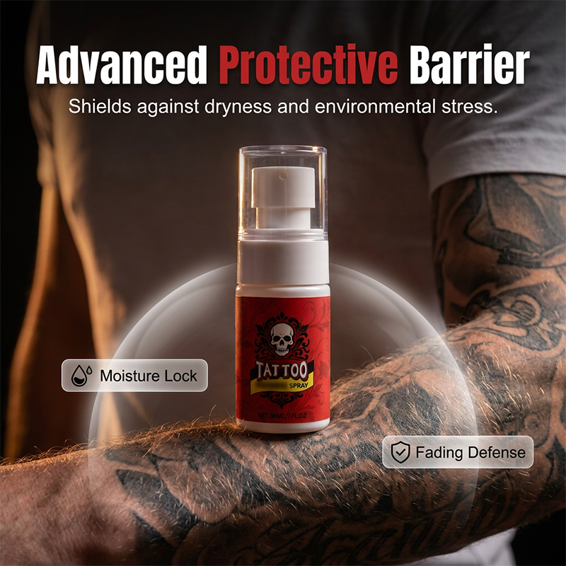 Spray bottle standing on a heavily tattooed forearm inside a translucent bubble.