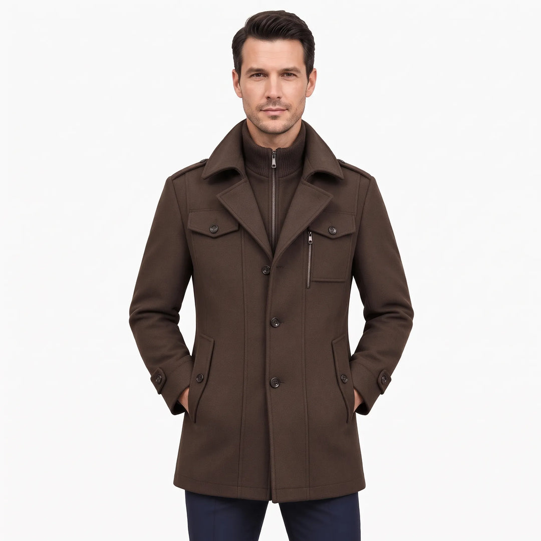 Man wearing the dark brown overcoat with a ribbed zip inner collar, hands in pockets, front view 22