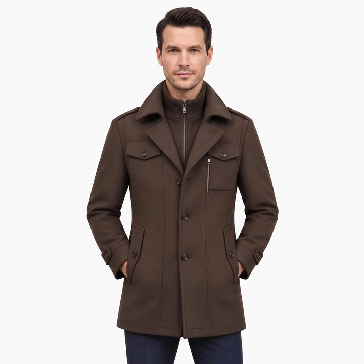 Man wearing the dark brown overcoat with a ribbed zip inner collar, hands in pockets, front view 22