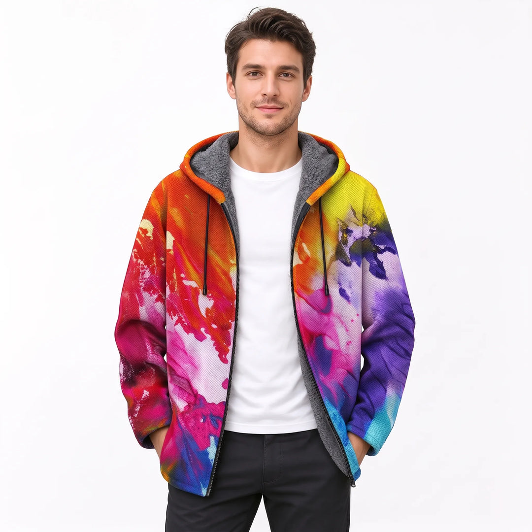 Man wearing the open hooded jacket in a colorful abstract paint-splash print, showing gray fleece lining and drawstrings 22