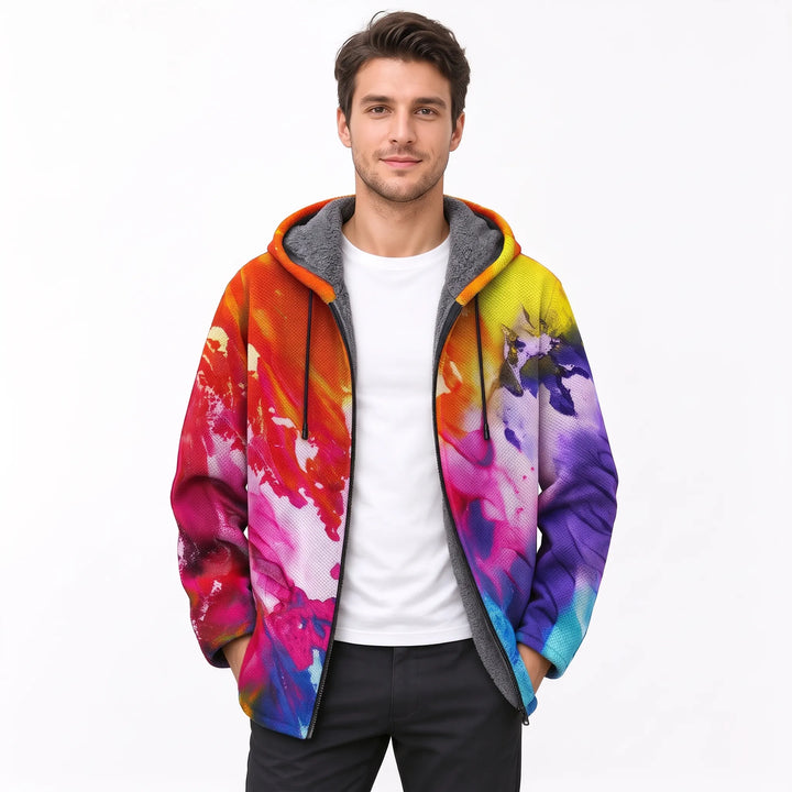 Man wearing the open hooded jacket in a colorful abstract paint-splash print, showing gray fleece lining and drawstrings 22