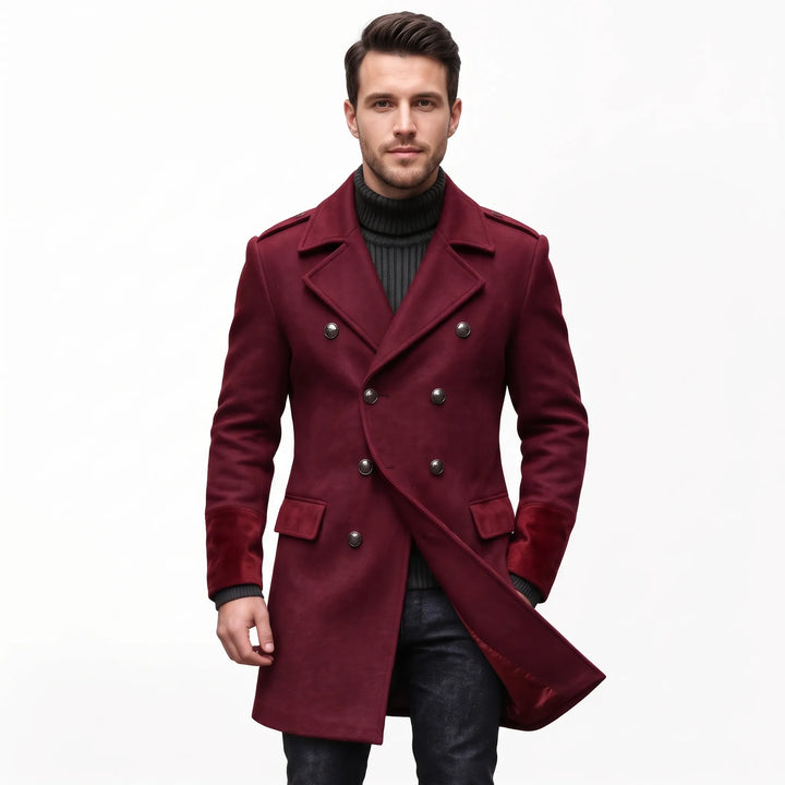 Man wearing the overcoat in burgundy with velvety cuffs and pocket flaps, front open slightly 22