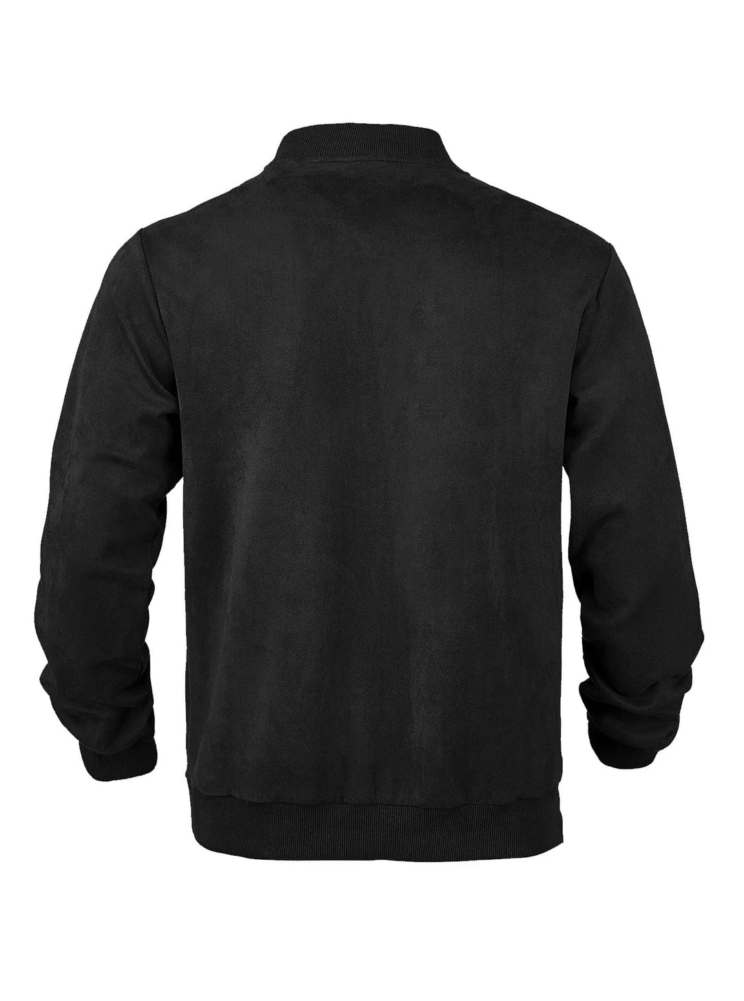 Black zip-up bomber jacket laid flat, back view showing plain suede-look panel and ribbed trim 22