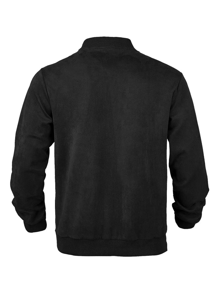 Black zip-up bomber jacket laid flat, back view showing plain suede-look panel and ribbed trim 22