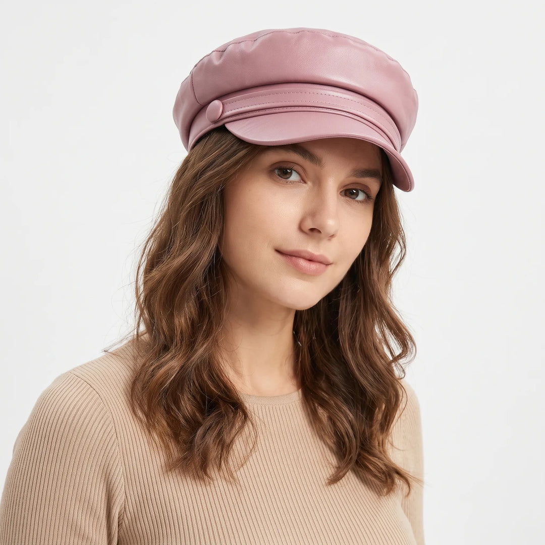 Woman wearing a dusty pink faux leather baker boy cap with a button detail, paired with a ribbed beige top 22