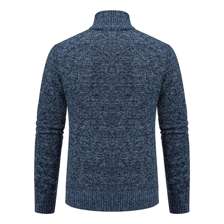Back view of the blue-gray knit cardigan showing ribbed collar, hem and cuffs 22