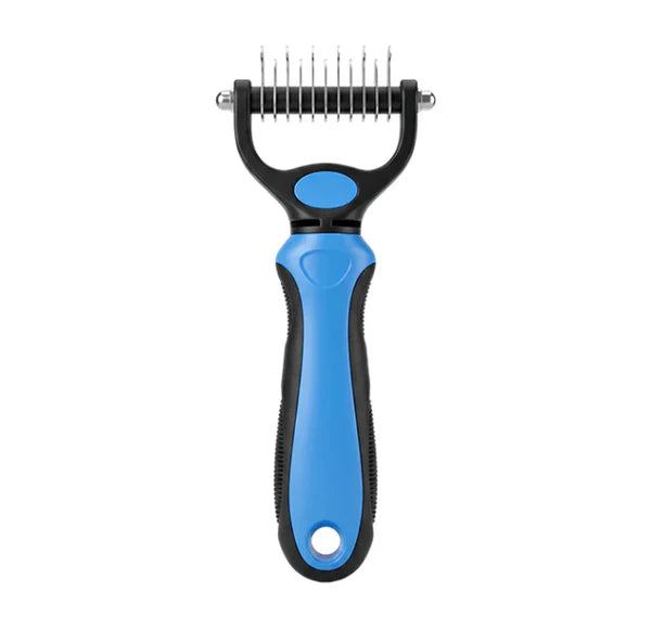 Blue and black grooming rake shown front view against a white background 10