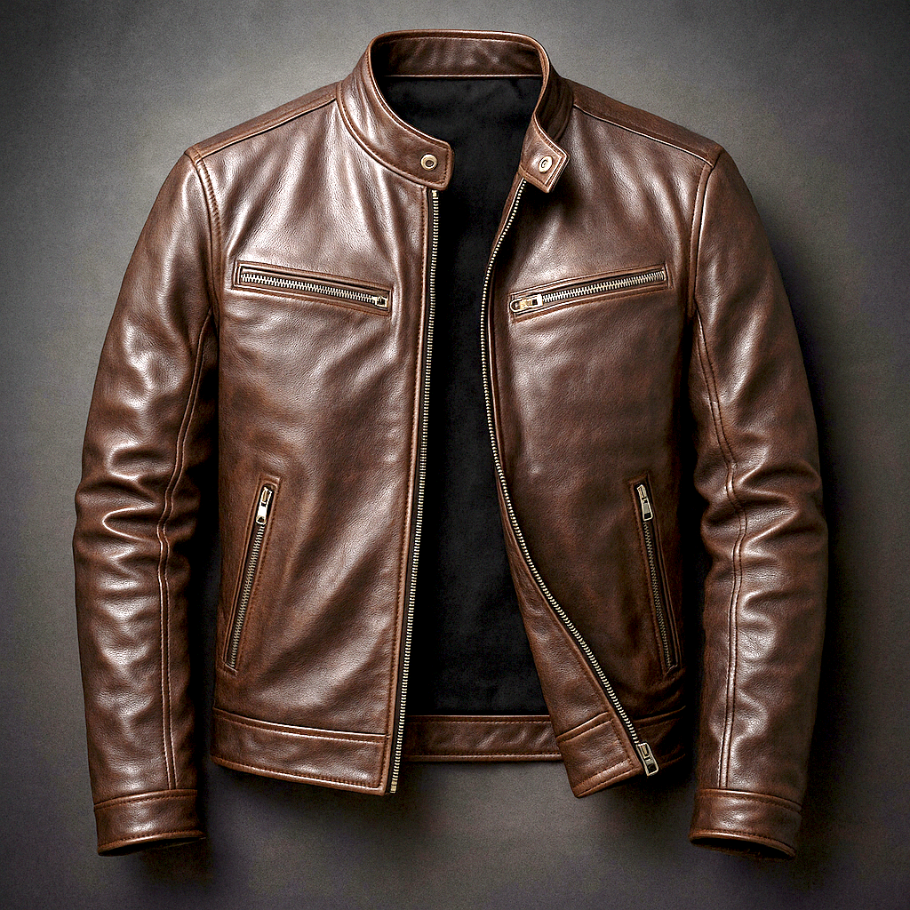 Brown leather jacket laid flat and partly unzipped, showing the black lining, snap collar and zippered pockets. 4