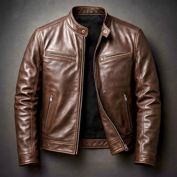 Brown leather jacket laid flat and partly unzipped, showing the black lining, snap collar and zippered pockets. 4