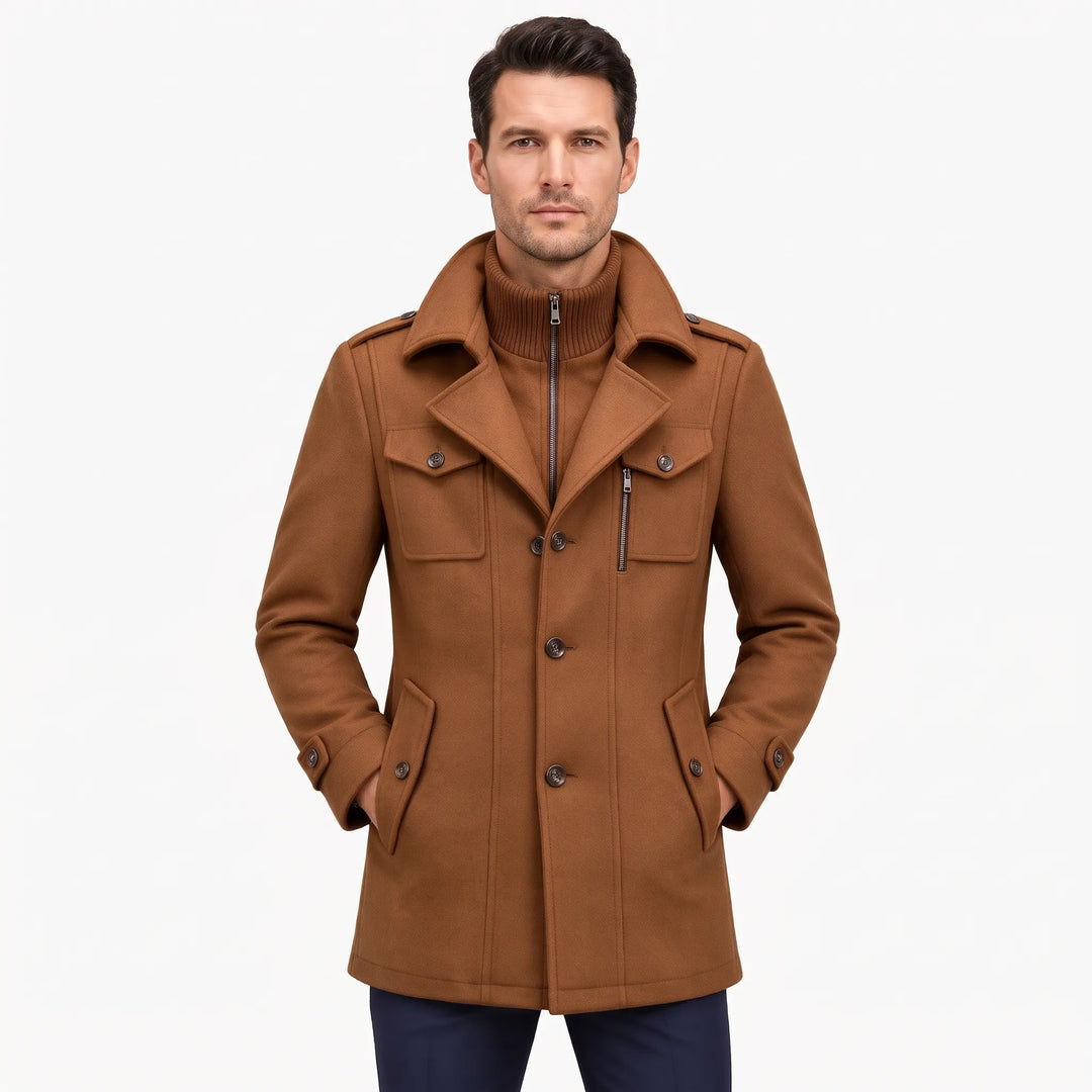 Man wearing the camel brown overcoat with a ribbed zip inner collar, hands in pockets, front view 23