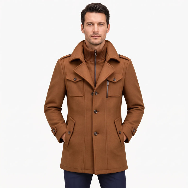 Man wearing the camel brown overcoat with a ribbed zip inner collar, hands in pockets, front view 23