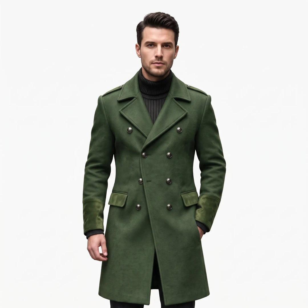 Man wearing the overcoat in olive green with suede-look cuffs and flaps, one hand in pocket 23