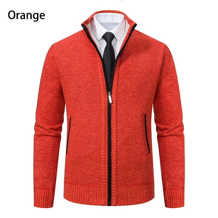 Orange knit zip cardigan with black zipper trim, styled over a white shirt and tie 23