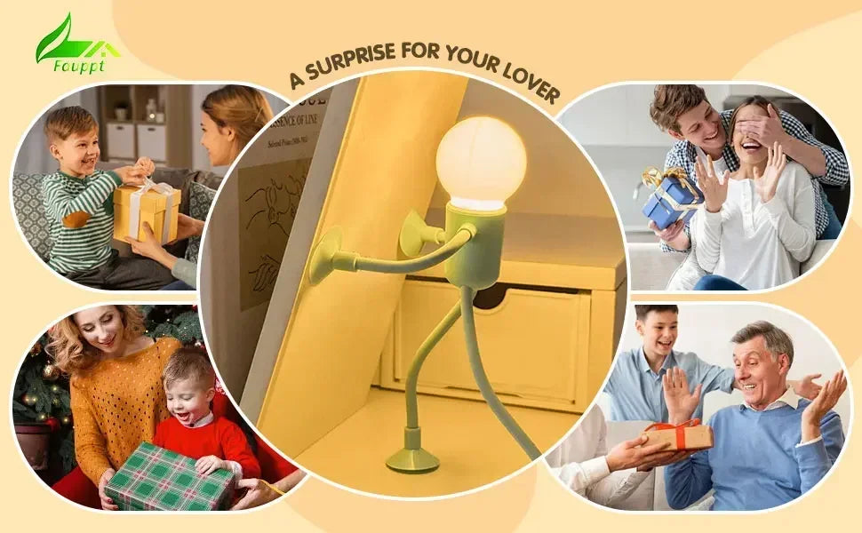 Green posable figure light braced against a shelf, surrounded by smiling people giving and receiving wrapped gifts 23