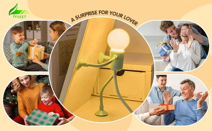 Green posable figure light braced against a shelf, surrounded by smiling people giving and receiving wrapped gifts 23