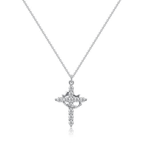 Silver-tone cross and crown pendant on a fine chain, shown straight on against white 6