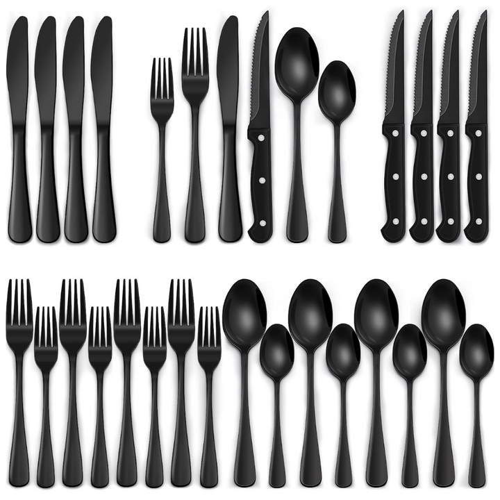 24-Piece Black Stainless Steel Cutlery Set-Round edge-Nora Luxe