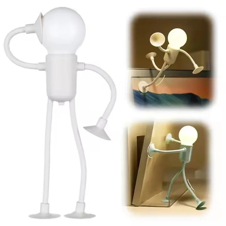 White posable figure light with bent arms and suction-cup hands, plus two inset shots of it climbing and pushing 24