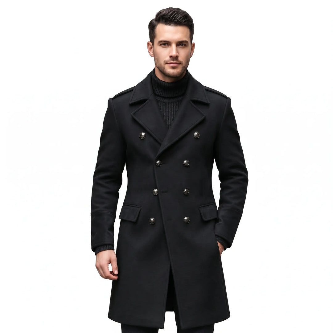 Man wearing the overcoat in black with metal buttons, styled with a black turtleneck 24