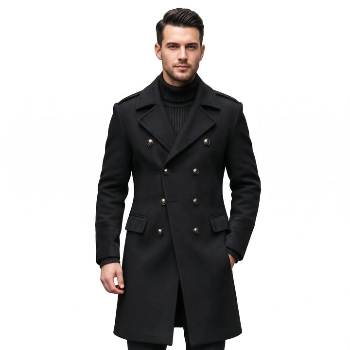 Man wearing the overcoat in black with metal buttons, styled with a black turtleneck 24