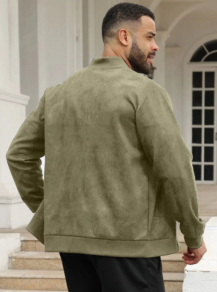 Man in olive green suede-look bomber jacket seen from behind, standing near white columns 24