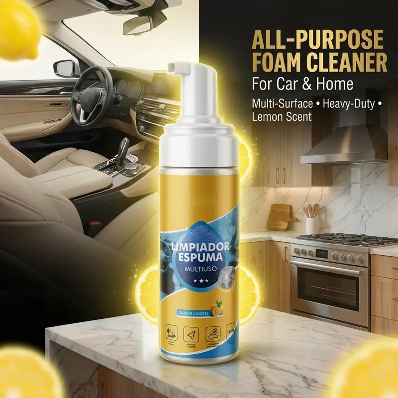 Yellow pump-top foam cleaner bottle on a marble counter, with a beige car interior and a kitchen behind it, surrounded by lemon slices.