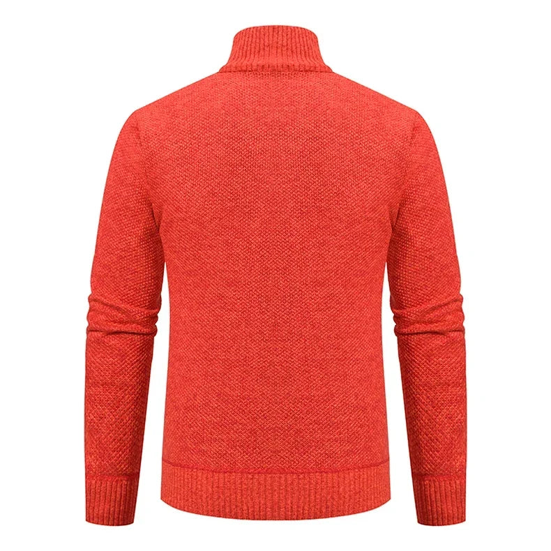 Back view of the orange knit cardigan with textured knit and ribbed hem 25