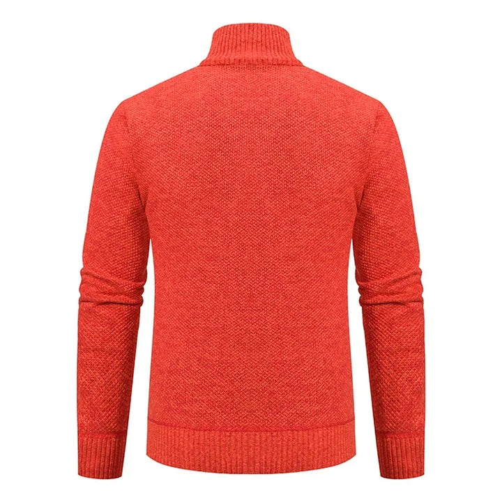 Back view of the orange knit cardigan with textured knit and ribbed hem 25