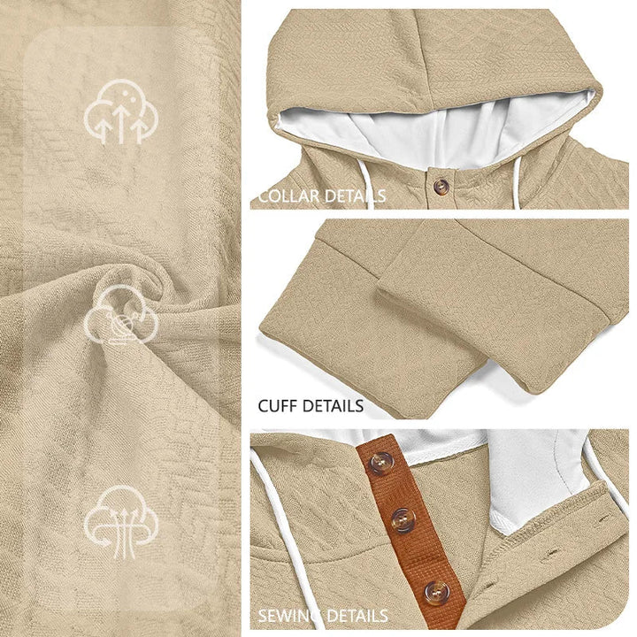 Beige hoodie detail collage showing fabric texture, collar, cuff and button placket stitching 25