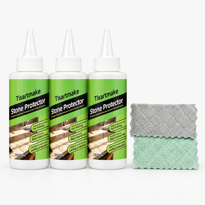 Three coating liquid bottles in a row beside stacked gray and green quilted microfiber cloths 25