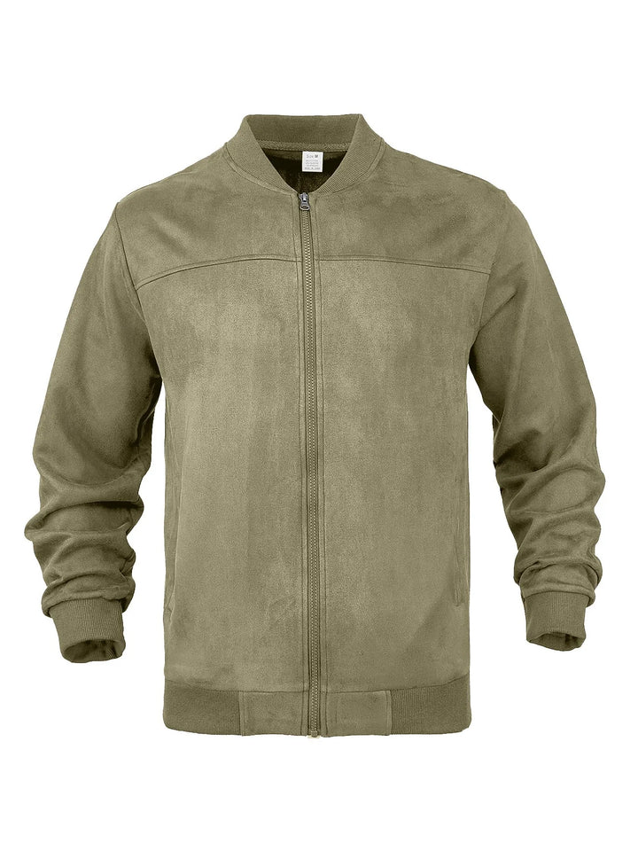 Olive green suede-look zip-up bomber jacket laid flat, front view with ribbed collar and cuffs 25