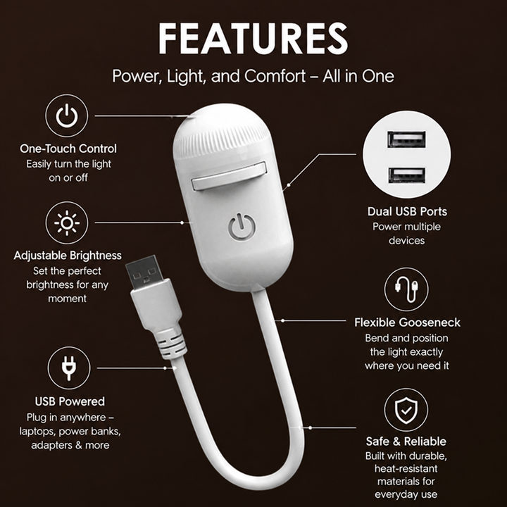 Feature diagram of the white projector with its gooseneck cord and USB plug, labeled for touch control and brightness.