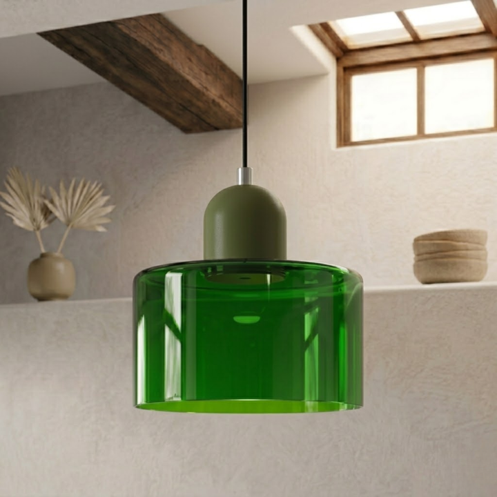Translucent green glass shade with a matte olive dome cap hangs on a black cord near a skylight. 31