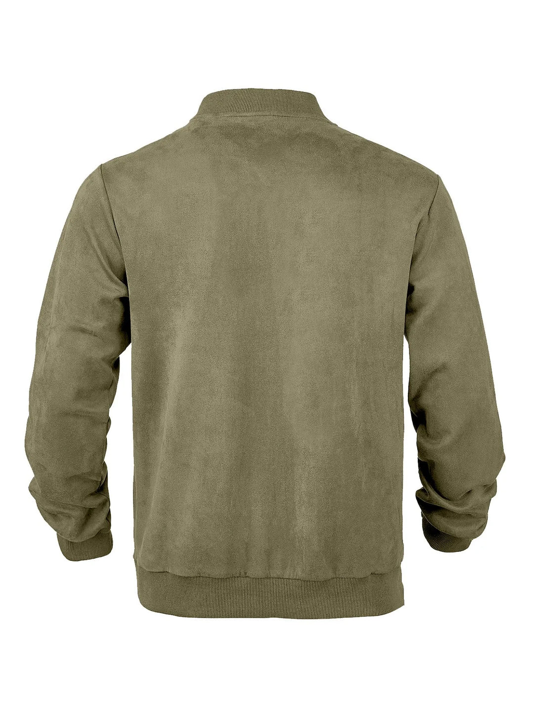 Olive green zip-up bomber jacket laid flat, back view with ribbed collar, cuffs and hem 26