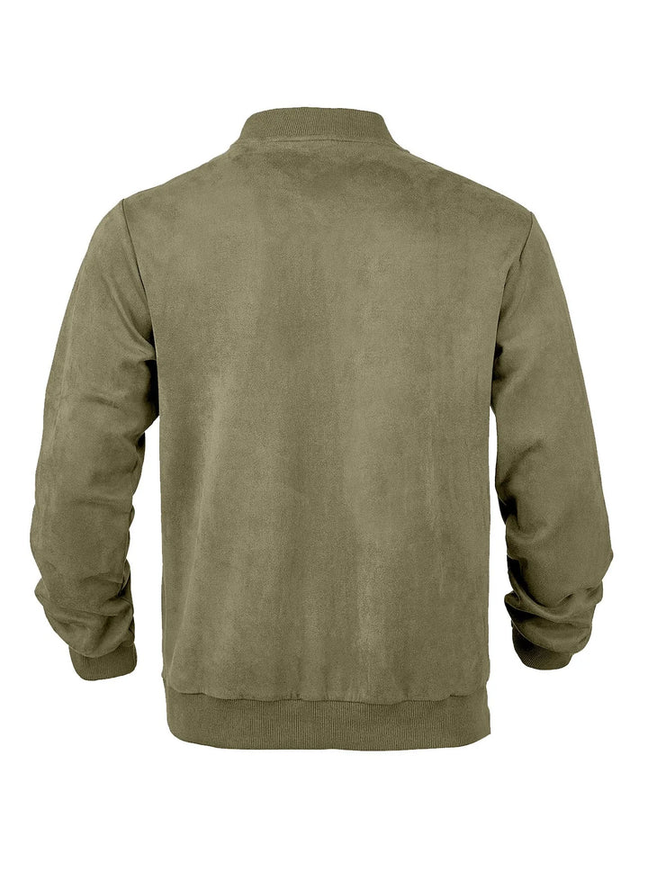 Olive green zip-up bomber jacket laid flat, back view with ribbed collar, cuffs and hem 26