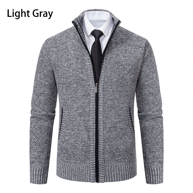 Light gray knit zip cardigan with black zipper tape, worn over shirt and tie 26