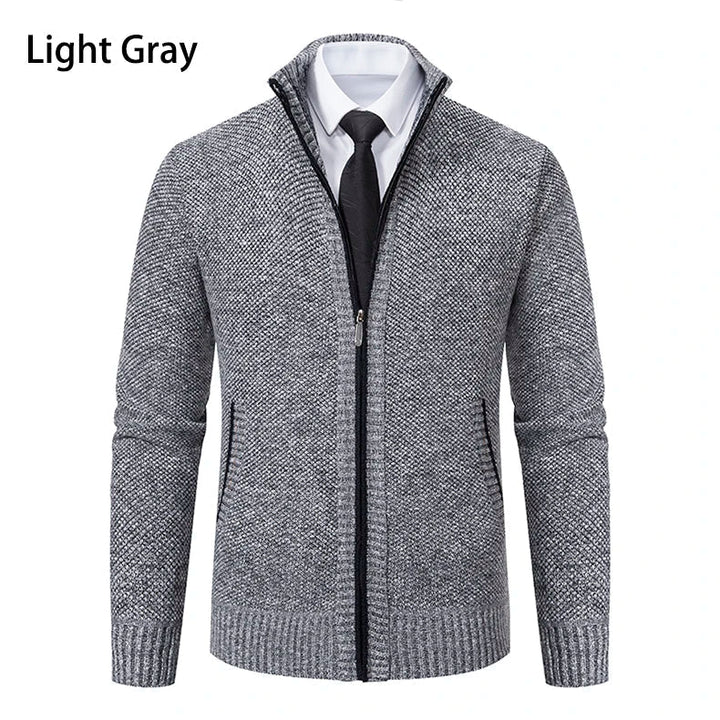 Light gray knit zip cardigan with black zipper tape, worn over shirt and tie 26