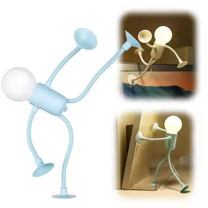 Light blue posable figure light with a suction-cup arm reaching up and a leg bent, plus two inset scenes 26