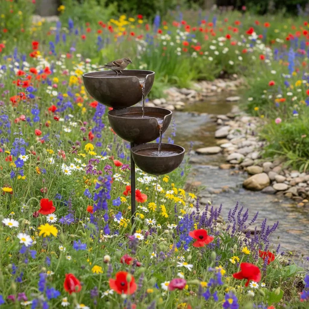Brown stainless-steel bird bath in a wildflower meadow with a bird on the top bowl.